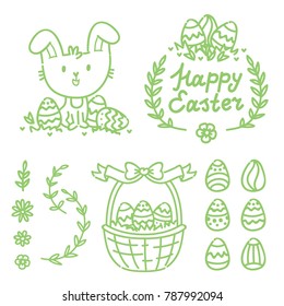 Hand drawn outline elements and objects with cute Easter Bunny, lettering calligraphy text, colored eggs and grass for Happy Easter in cartoon vector style for your concept design