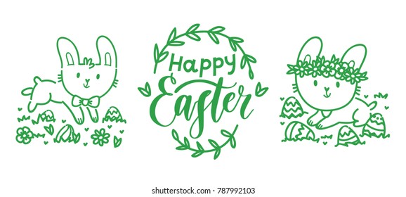 Hand drawn outline elements and objects with cute Easter Bunny, lettering calligraphy text, colored eggs and grass for Happy Easter in cartoon vector style for your concept design