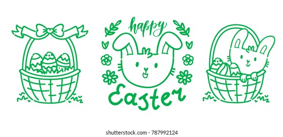 Hand drawn outline elements and objects with cute Easter Bunny, lettering calligraphy text, colored eggs and grass for Happy Easter in cartoon vector style for your concept design
