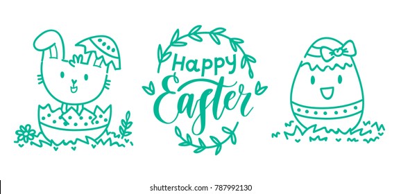 Hand drawn outline elements and objects with cute Easter Bunny, lettering calligraphy text, colored eggs and grass for Happy Easter in cartoon vector style for your concept design