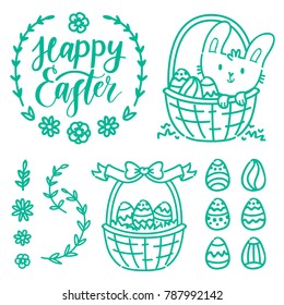 Hand drawn outline elements and objects with cute Easter Bunny, lettering calligraphy text, colored eggs and grass for Happy Easter in cartoon vector style for your concept design