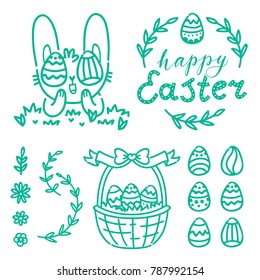 Hand drawn outline elements and objects with cute Easter Bunny, lettering calligraphy text, colored eggs and grass for Happy Easter in cartoon vector style for your concept design