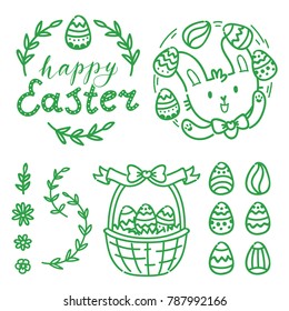 Hand drawn outline elements and objects with cute Easter Bunny, lettering calligraphy text, colored eggs and grass for Happy Easter in cartoon vector style for your concept design