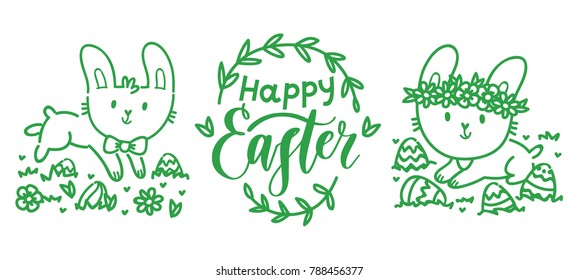 Hand drawn outline elements and objects with cute Easter Bunny, lettering calligraphy text, colored eggs and grass for Happy Easter in cartoon vector style for your concept design
