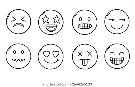 Hand drawn outline emoticons set. Diverse doodle emoticon faces collection