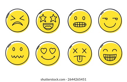 Hand drawn outline emoticons set. Diverse doodle emoticon faces collection