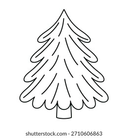 Hand drawn outline evergreen tree with flowing organic branches. Simple vector design for back, coloring page, card, print, Christmas, winter, nature, holiday, kids graphics. Minimalist line art.