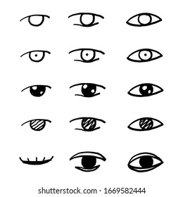 hand drawn Outline eye icons. Open and closed eyes images, sleeping eye shapes with eyelash, vector supervision and searching signs doodle
