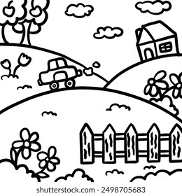 Hand drawn outline of farm house with flowers, car, apple tree, sky for kid colouring book, landscape background, wallpaper, post card, family trip, vacation, travel, park, outdoor, nature, garden