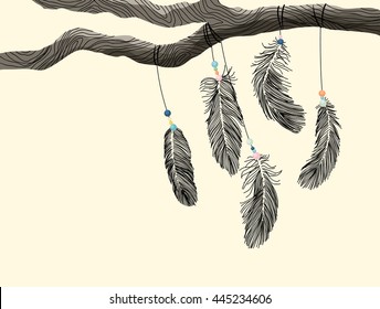 Hand drawn outline feather hanging on tree