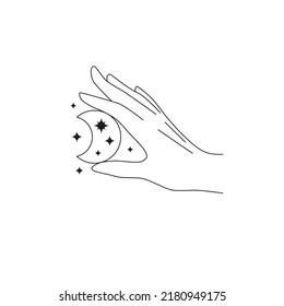 Hand drawn outline female hand holding crescent moon and stars isolated on white background. Celestial boho illustration. Feminine minimal design.