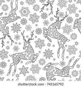 Hand drawn outline festive seamless pattern with snowflakes and deers isolated on white background. coloring antistress book for adult. Art vector illustration.