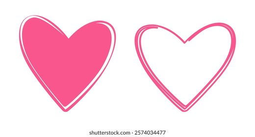 Hand drawn Outline and filled hearts shape in trendy pink. St Valentines Day greeting design concept