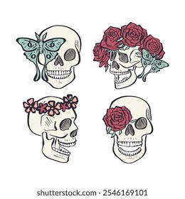 Hand drawn outline floral human skulls with rose wreath bundle isolated on white background. Skeleton heads with flowers design set