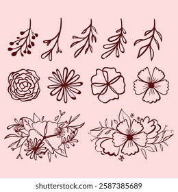 hand drawn outline flowers illustration. Line Drawing flower. hand drawn sketch of flowers illustration. 