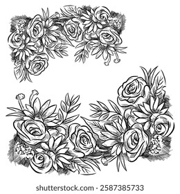 hand drawn outline flowers illustration. Line Drawing flower. hand drawn sketch of flowers illustration. 