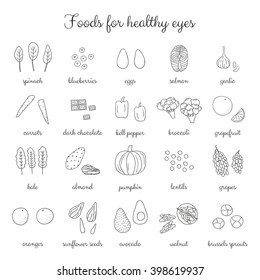 Hand drawn outline foods for healthy eyes. Brussels sprouts, almond, lentil, blueberry, sunflower, pumpkin, grape, avocado, egg, salmon, bell pepper, dark chocolate, walnut, broccoli, spinach.