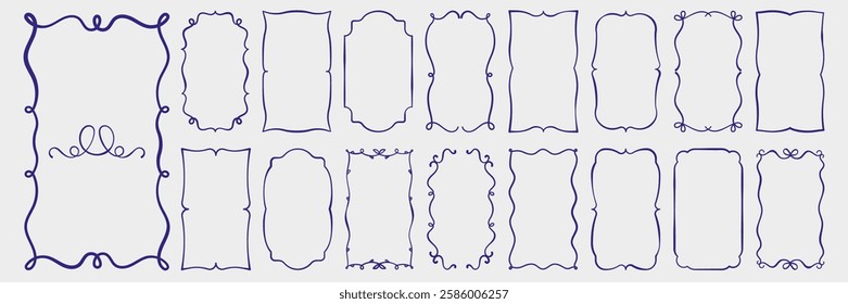 hand drawn outline frame set. rectangular, oval shape vintage borders with curl, loop, wave, bow