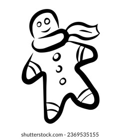 Hand drawn outline gingerbread man sketch isolated on white background. Vector illustration. Christmas cookie. Coloring book, element disign, sing, logo.