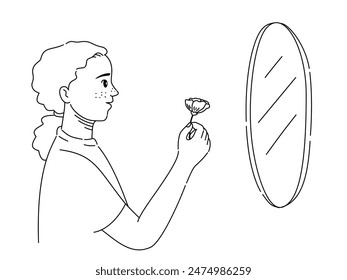 Hand drawn outline of a girl standing in front of the mirror and holding a flower in Self care concept.	