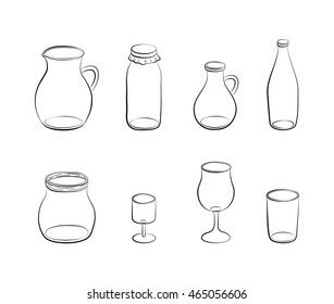 Hand drawn outline glass bottles, jug and jars isolated on white background.