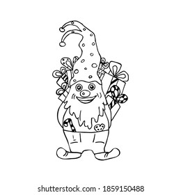 Hand drawn outline gnome. Cartoon element. Holiday illustration. Boxes with gifts