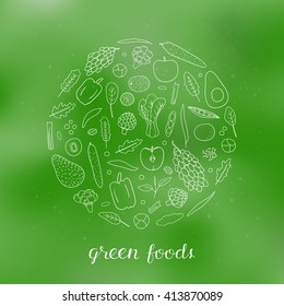 Hand drawn outline green fruits and vegetables in circle shape on mesh background. Pistachio, broccoli, apple, cucumber, grape, lime, edamame, artichoke, arugula, kiwi, avocado, kale, pepper, spinach.