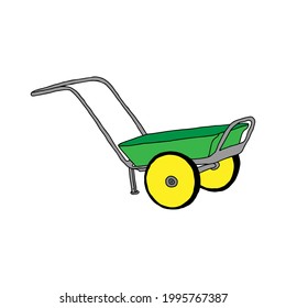 Dibujo manual esquemático gráfico de un vector verde de un hermoso camión de metal con mangos para jardinería aislado en un fondo blanco