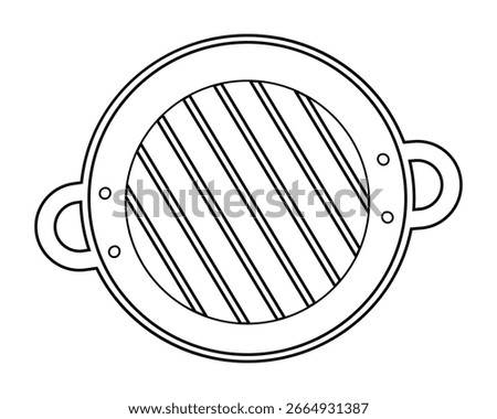 Hand Drawn Outline grill pan with grate on Bottom and Small Handles Top view Transparent Background
