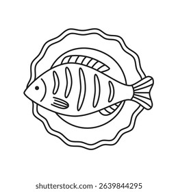 Hand drawn outline grilled fish on the plate. Editable stroke. Doodle drawing for menu design, print, poster, banner. Isolated vector illustration.