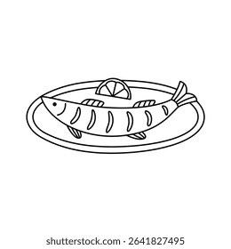 Hand drawn outline grilled fish and lemon slice on the plate. Editable stroke. Doodle drawing for menu design, print, poster, banner. Isolated vector illustration.