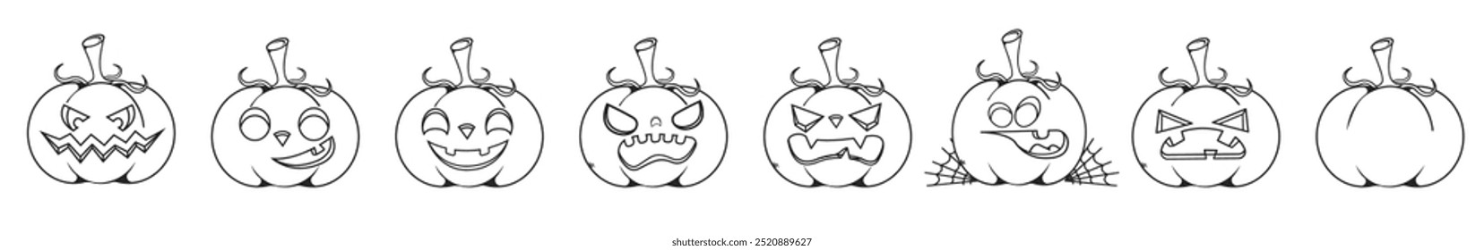 Hand drawn outline Halloween pumpkins set isolated on white background. Scary Pumpkins design elements collection.