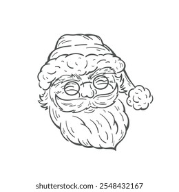 Hand Drawn Outline Happy Santa Claus Head. Father Christmas. Saint Nicolas Face. Black and White Vector illustration