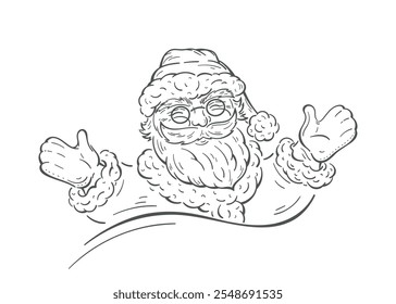 Hand Drawn Outline Happy Santa Claus. Father Christmas. Saint Nicolas. Black and White Vector illustration