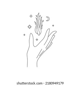Hand drawn outline hand holding fire   moon  stars around isolated white background  Magical boho illustration  Witchy design 