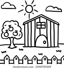Hand drawn outline of house with apple tree, fence, sky for kid colouring book, landscape background, wallpaper, post card, home, family trip, vacation, travel, park, outdoor, nature, garden, scenery