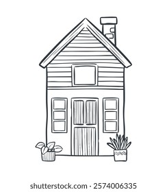 hand drawn outline house drawing for cards, wallpaper, prints, coloring page, sticker. line art illustration.