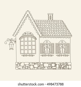 Hand drawn outline house. Vector line art illustration. Children's and adult coloring page