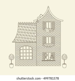 Hand drawn outline house. Vector line art illustration. Children's and adult coloring page
