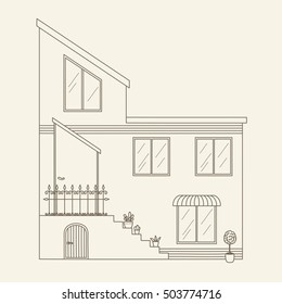 Hand drawn outline house. Vector line art illustration. Children's and adult coloring page