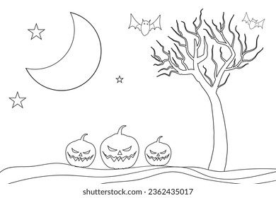 Esquema dibujado a mano Árbol cazado fantasma Disfraces calabazas graciosas volar murciélago halloween tema paisaje página de colorear, dibujo infantil para guarderías divertidas hojas de colorear halloween, antecedentes de humor aislado