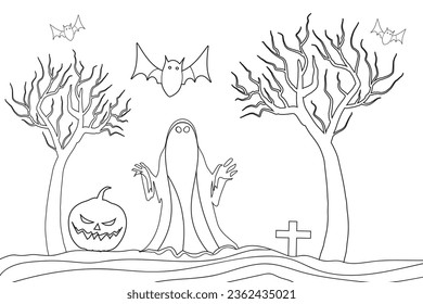 Hand drawn Outline Hunted tree ghost Costume funny pumpkins fly bat halloween theme landscape coloring page, kid drawing for nursery funny halloween coloring sheets, isolated humor backgrounds