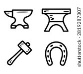 Hand drawn outline icons representing blacksmithing and metallurgy tools including anvil, work table, hammer, and horseshoe. Simple monochrome design suitable for industrial and craft concepts.