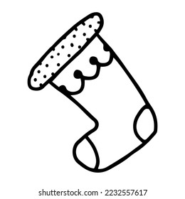 Hand drawn outline illustration of christmas sock. Christmas decoration element in doodle style