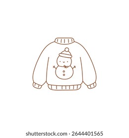 ilustração desenhada à mão do suéter de Natal com impressão de boneco de neve em estilo mínimo para roupas de crianças e decoração têxtil