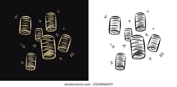 Hand drawn outline illustration of Diwali lanterns - traditional Indian lanterns for Hindu Festival of Lights (Deepavali, Dipavali). Linear golden and black kandeels on dark and white background