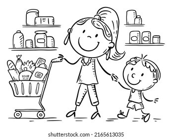 Hand Drawn Outline Illustration Of Family Shopping. Cartoon Doodle Mom And Son At Supermarket With Shopping Cart