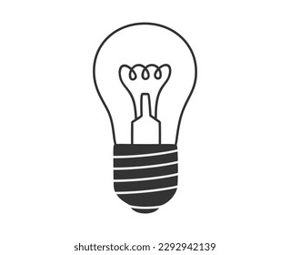 Hand drawn outline illustration of incandescent lamp, glowing light bulb. Flat vector good idea or answer concept in line art doodle style. Non eco friendly device sticker, icon or print. Isolated
