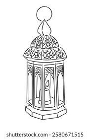 Hand drawn outline illustration of an ornate Islamic lantern with intricate patterns and a lit candle inside, outlined in black and white, ideal for cultural, festive, or decorative design projects