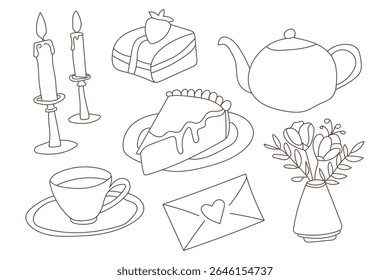 Desenhado à mão esboço ilustração de um romântico tempo de chá com bolo e flores